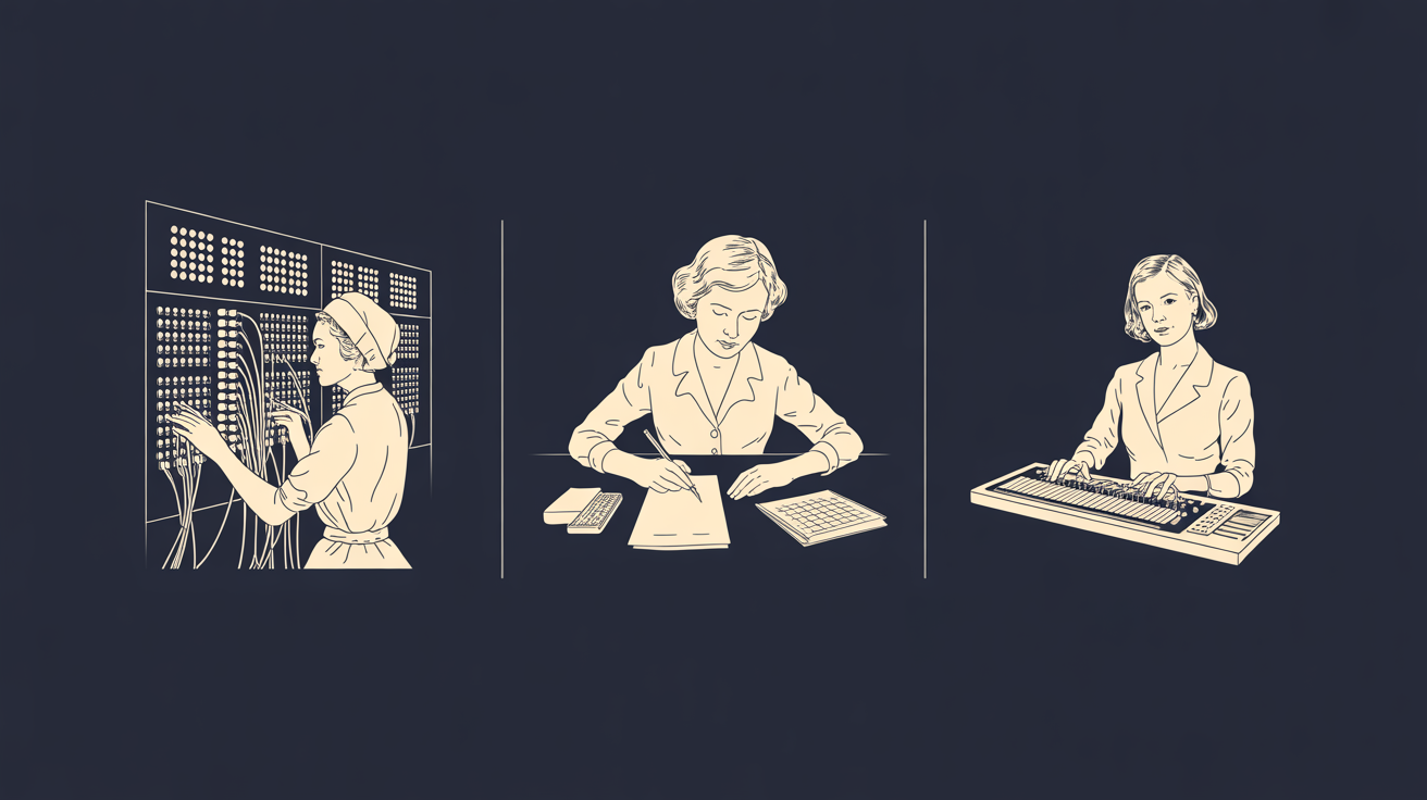 Triptych: switchboard operator, human computer, Katherine Johnson at NASA console